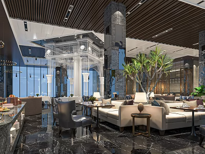 Modern Restaurant Interior With Sofas Marble Floors Green Plants And Large Windows 3d model