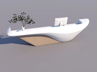 Modern Reception Desk with White Curved Countertop Wooden Base Potted Plant and Computer Monitor 3d model