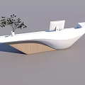 Modern Reception Desk with White Curved Countertop Wooden Base Potted Plant and Computer Monitor