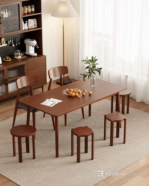 Modern Wooden Dining Table And Chairs With Green Plant Fruit Stools Sideboard In Dining Room 3d model 