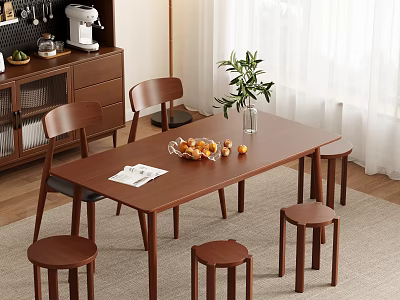 Modern Wooden Dining Table And Chairs With Green Plant Fruit Stools Sideboard In Dining Room 3d model