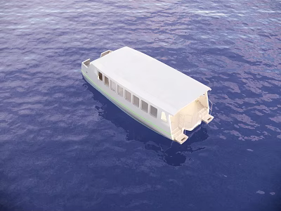 White Roof Yacht With Multiple Windows Floating On Blue Ocean Water 3d model