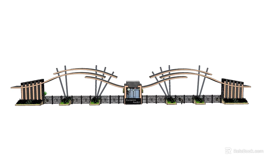 Modern Entrance Gate Design With Arch Metal Frame Water Feature And Green Plants 3d model 
