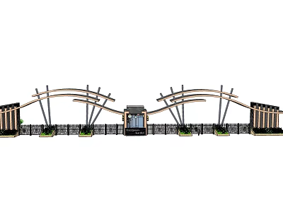 Modern Entrance Gate Design With Arch Metal Frame Water Feature And Green Plants 3d model