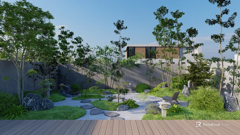 Karesansui Garden Design With Stone Path Green Plants Rocks And Wooden Deck 3d model 