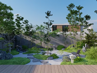 Karesansui Garden Design With Stone Path Green Plants Rocks And Wooden Deck 3d model
