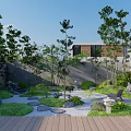 Karesansui Garden Design With Stone Path Green Plants Rocks And Wooden Deck
