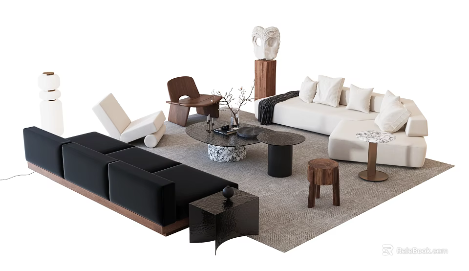 Modern Sofa And Coffee Table Set With White Black Sofas Marble Table And Decorative Statue 3d model
