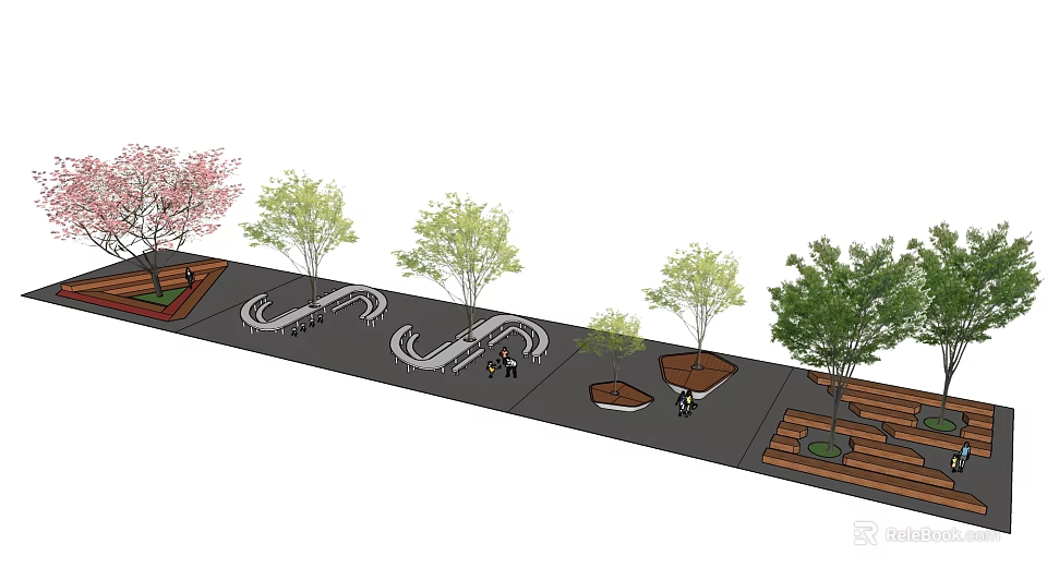 Outdoor Landscape Seating Design With Flowering Trees And Paved Rest Areas For People 3d model 