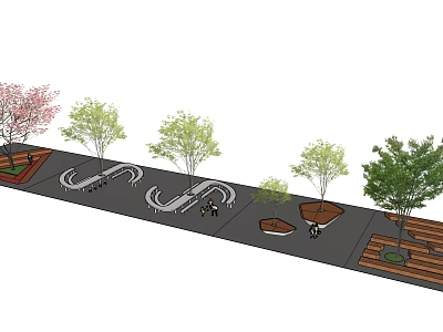 Outdoor Landscape Seating Design With Flowering Trees And Paved Rest Areas For People 3d model