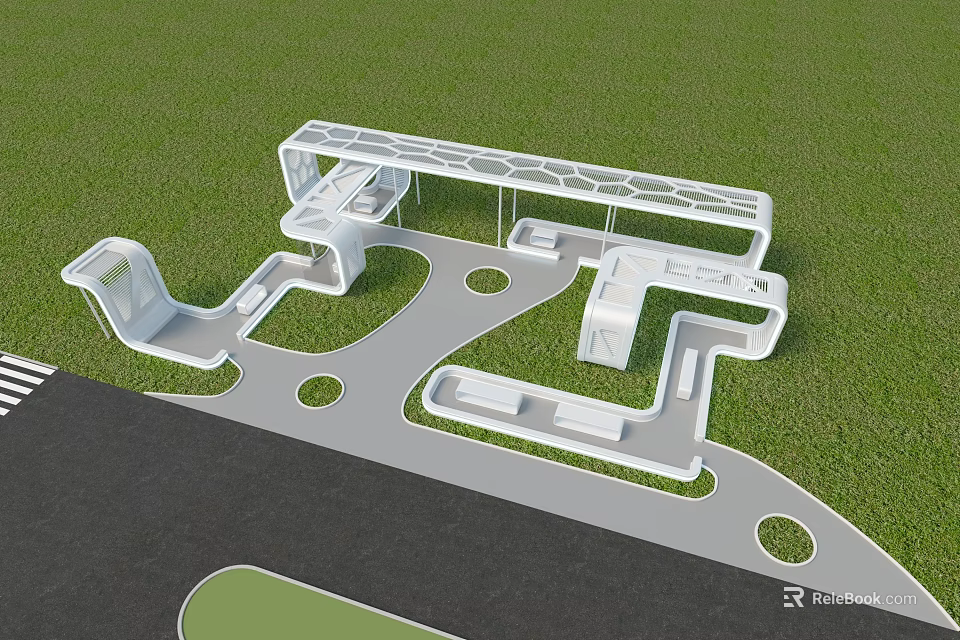 Modern White Pergola Design With Curved Path And Circular Lawn Features 3d model