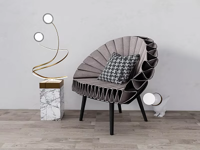 Stylish Gray Pleated Single Chair with Checkered Cushion Gold Floor Lamp and Marble Side Table 3d model
