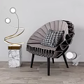 Stylish Gray Pleated Single Chair with Checkered Cushion Gold Floor Lamp and Marble Side Table
