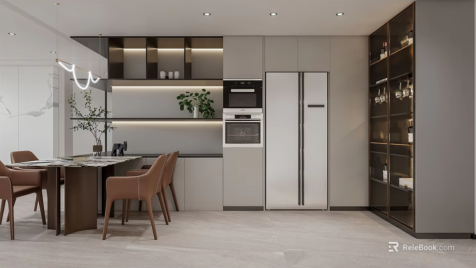 Elegant Modern Dining and Living Area with Open Concept Design and Wooden Furniture 3d model 