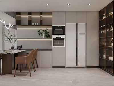 Elegant Modern Dining and Living Area with Open Concept Design and Wooden Furniture 3d model