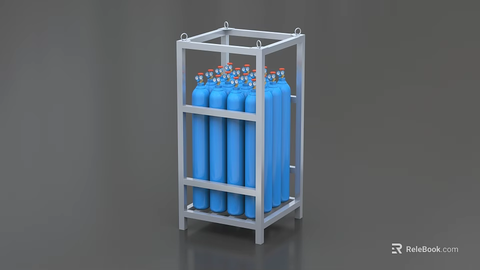 Industrial Metal Rack For Storing Blue Gas Cylinders With Red Caps 3d model 