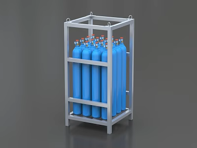 Industrial Metal Rack For Storing Blue Gas Cylinders With Red Caps 3d model