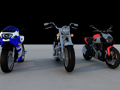 Three Stylish Motorcycles in Blue White Silver and Black Red Colors on 3d model