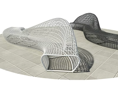 Modern Curved Outdoor Chair With Woven Structure In White And Black On Tile Floor 3d model