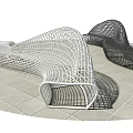 Modern Curved Outdoor Chair With Woven Structure In White And Black On Tile Floor