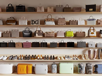 A Collection Of Luxury Bags Luggage And Shoes On Shelves 3d model