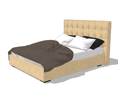Double Bed With Beige Tufted Headboard And Brown Comforter White Black Pillows 3d model
