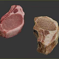 Fresh Raw Meat Cuts With Bone In Pink Color And Fat Marbling On Black Surface