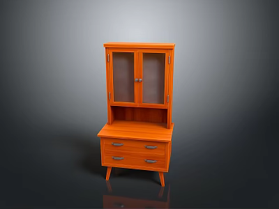 Orange Wooden Storage Cabinet With Glass Door Upper Section And Drawers With Metal Handles 3d model