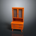 Orange Wooden Storage Cabinet With Glass Door Upper Section And Drawers With Metal Handles