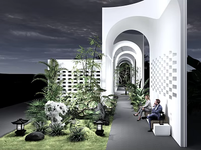 White Arched Pergola with Green Plants Seating Area and Stone Decorations 3d model