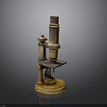 Vintage Brass Microscope With Wooden Base And Metal Structure Components