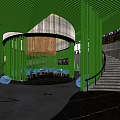 Green Themed Cinema Interior With Bamboo Elements Circular Bar And Colorful Seats