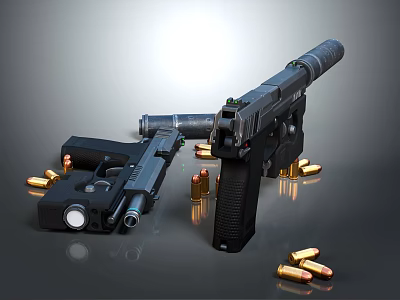 Two Tactical Pistols With Suppressor And Scattered Bullets On Dark Reflective Surface 3d model