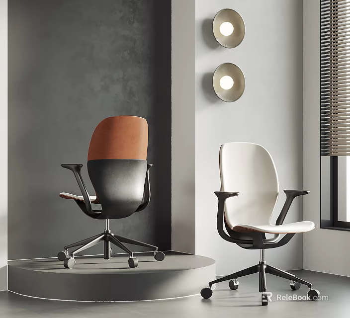 Modern Office Chairs Orange Brown Black And White Design With Circular Lights On Gray Wall 3d model 