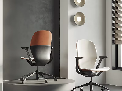 Modern Office Chairs Orange Brown Black And White Design With Circular Lights On Gray Wall 3d model