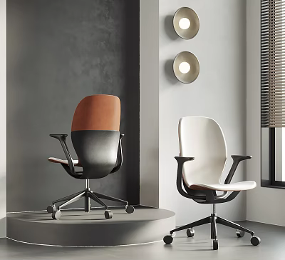 Modern Office Chairs Orange Brown Black And White Design With Circular Lights On Gray Wall 3d model