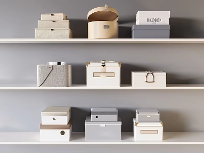 Home Storage Boxes in Various Colors and Textures on White Shelves for Organizing Home Supplies 3d model