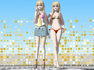 Game And Movie Female Characters In School Uniform And Bikini With Blue Sky Square Pattern 3d model