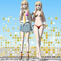 Game And Movie Female Characters In School Uniform And Bikini With Blue Sky Square Pattern