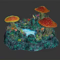 Vibrant Plant Scene Featuring Red Mushrooms With White Spots Lush Green Vegetation And Small Pond