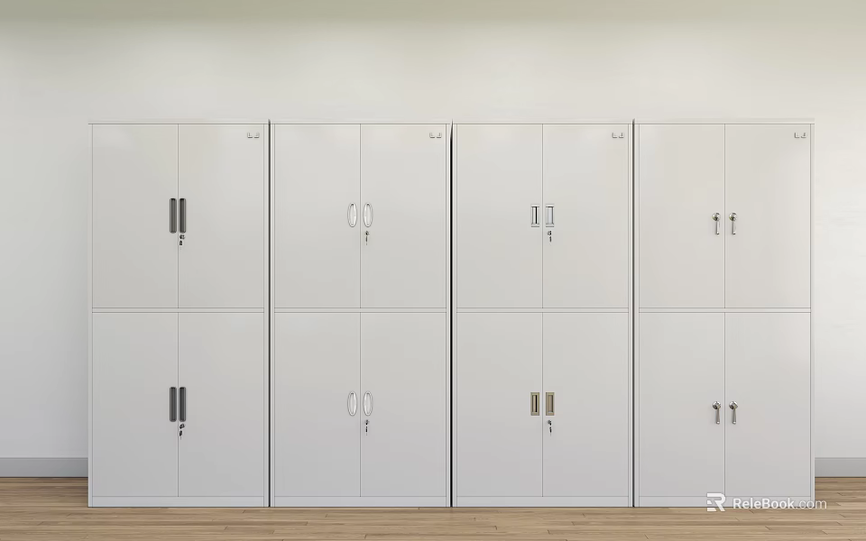 Four Simple White Bookcases With Doors And Metal Handles On Wooden Floor 3d model 