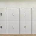 Four Simple White Bookcases With Doors And Metal Handles On Wooden Floor