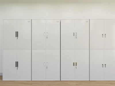 Four Simple White Bookcases With Doors And Metal Handles On Wooden Floor 3d model