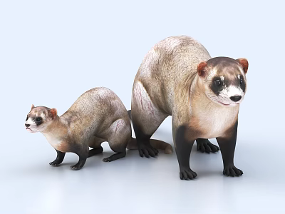 Two Light Brown And White Ferrets Standing On Light Blue Background 3d model