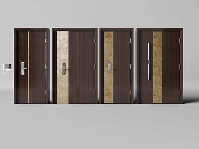 Modern Security Doors With Brown Finish And Gold Accent Strips For Home Protection 3d model