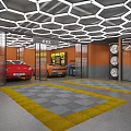 Modern Sports Car Dealership Showroom With Hexagonal Ceiling Lighting Yellow Gray Floor And Displayed Vehicles
