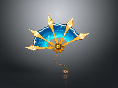 Decorative Fan with Golden Frames Blue Surface Lightning Patterns Yellow Center And Tassel 3d model