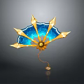 Decorative Fan with Golden Frames Blue Surface Lightning Patterns Yellow Center And Tassel