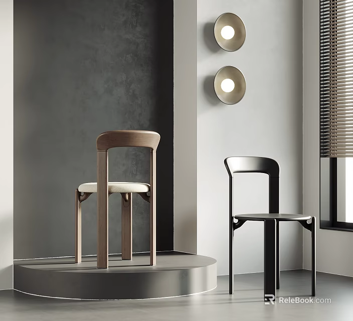 Modern Minimalist Leisure Chairs Light Wood Black With Gray Wall Round Lamps And Window Blinds 3d model 