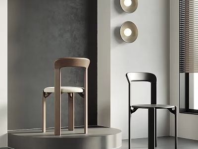 Modern Minimalist Leisure Chairs Light Wood Black With Gray Wall Round Lamps And Window Blinds 3d model